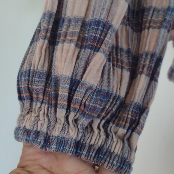 Free People Jessi Plaid Top Grey Combo Balloon Sleeves Oversized Size XS Cotton - Picture 11 of 15